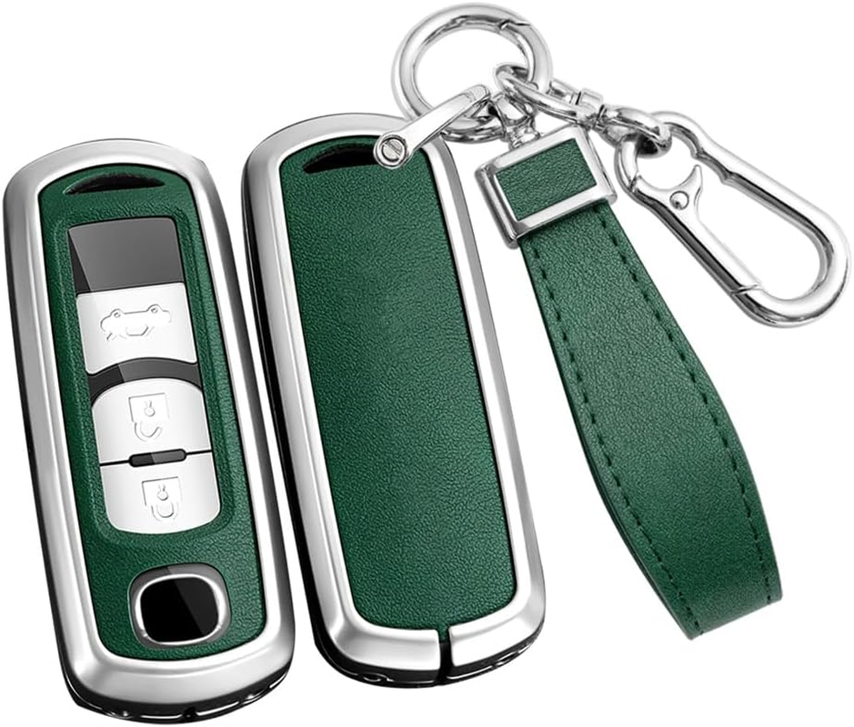 Ontto Metal Car Key Fob Cover Fit for Mazda 2 3 5 6 BL BM GJ Atenza Axela Demio CX3 CX-5 CX5 CX7 CX-9 CX8 2/3/4 Buttons Leather Key Case Shell Key Holder Bag Keyring Keychain Accessories Silver-Green