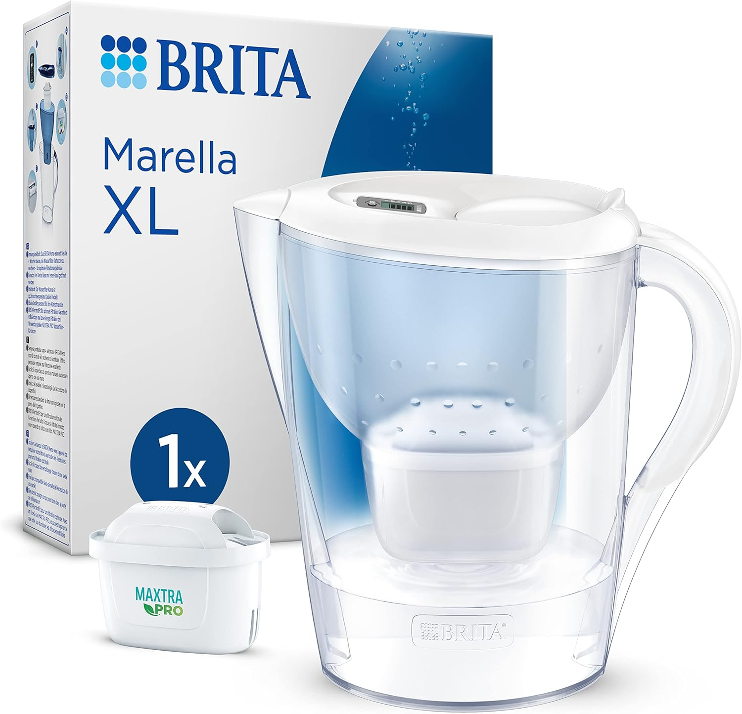 BRITA Marella XL Water Filter Jug Blue (3.5L) Incl. 1X MAXTRA PRO All-In-1 Cartridge - Large-Volume Jug with Digital LTI and Flip-Lid - Now in Sustainable Smart Box Packaging