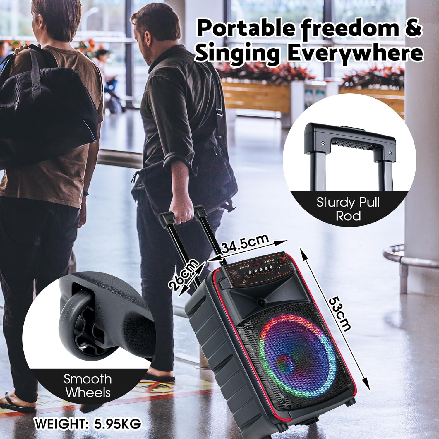 Advwin Karaoke Machine for Adults, Portable Bluetooth Karaoke Speaker for Outdoor Home, Singing Machine W/2 Wireless Microphones, Party Light, Echo/Treble/Bass Adjustment, Supports TWS/AUX/USB/TF/FM image number 1