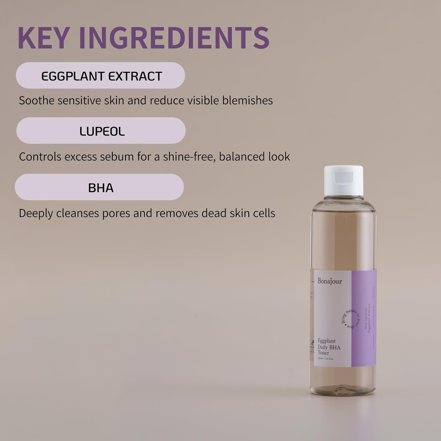 [BONAJOUR] Eggplant Daily BHA Toner &ndash; Korean Salicylic Acid Face Toner for Acne Treatment, Gentle Exfoliating & Pore Care, Vegan K-Beauty Skincare 205Ml image number 1