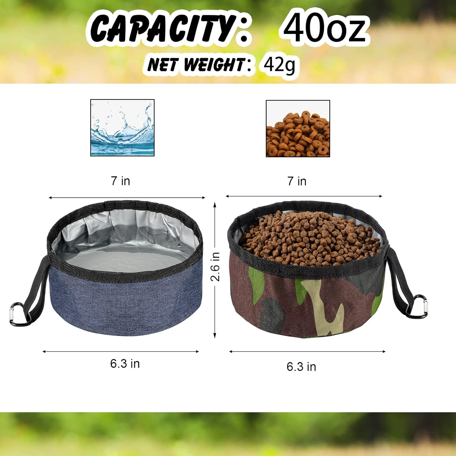 Meanplan 2 Pack Portable Dog Bowls Foldable Travel Dog Dish Portable Puppy Water and Food Bowl Pet Hiking Accessories for Small and Large Pets(Camo Green, Dark Blue,40 Oz) image number 4