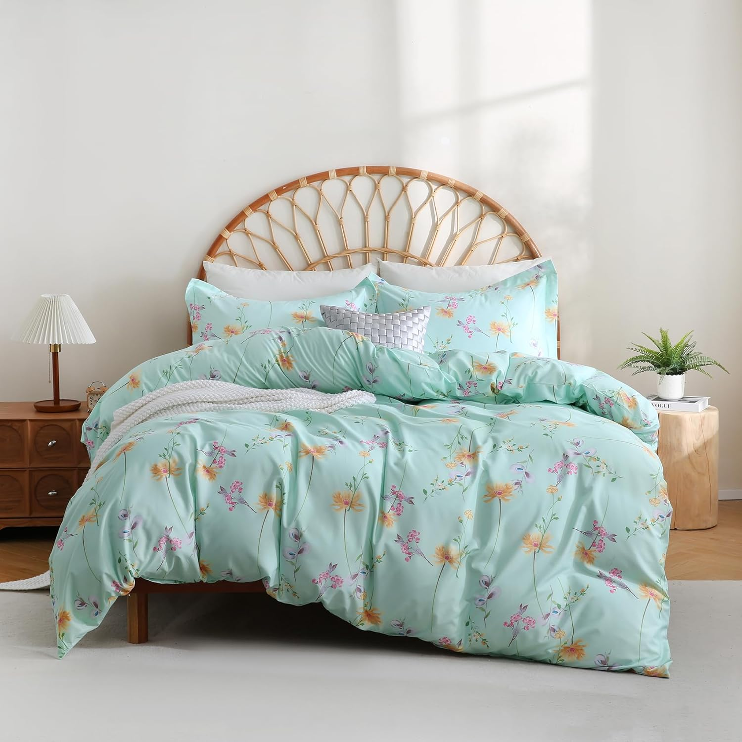 JSD Green Floral Printed Duvet Cover Set Queen, 3 Piece Microfiber Botanical Comforter Cover with Corner Ties Zipper Closure