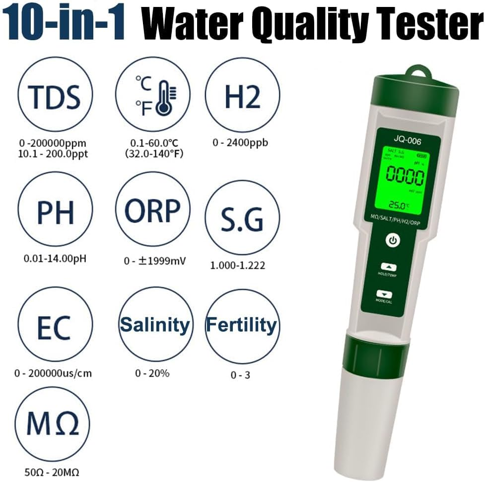 B-Qtech Digital PH Meter for 10 in 1 Pool, Ph/Tds/S.G/Ec/Salinity/M&omega;/H2/Opr/Fertility/Temp Salt Meter with LCD Screen for Drinking Water, Pool, Spa or Laboratory image number 4