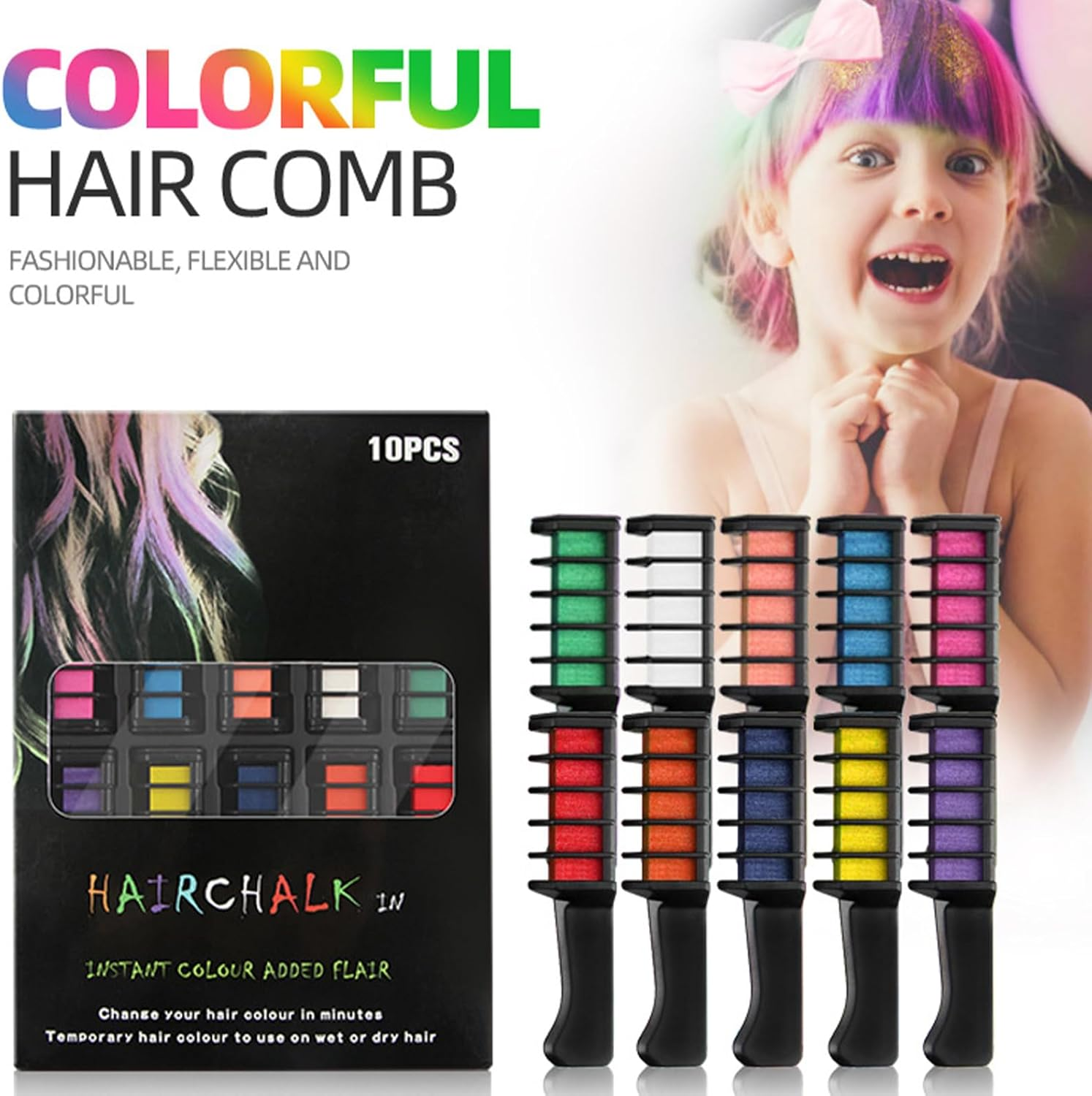Hair Chalk for Girls Kids 10Pcs, Temporary Bright Hair Color Chalk Comb Set, Birthday Gifts Children'S Day Halloween Christmas Makeup Cosplay DIY Party Favors image number 1