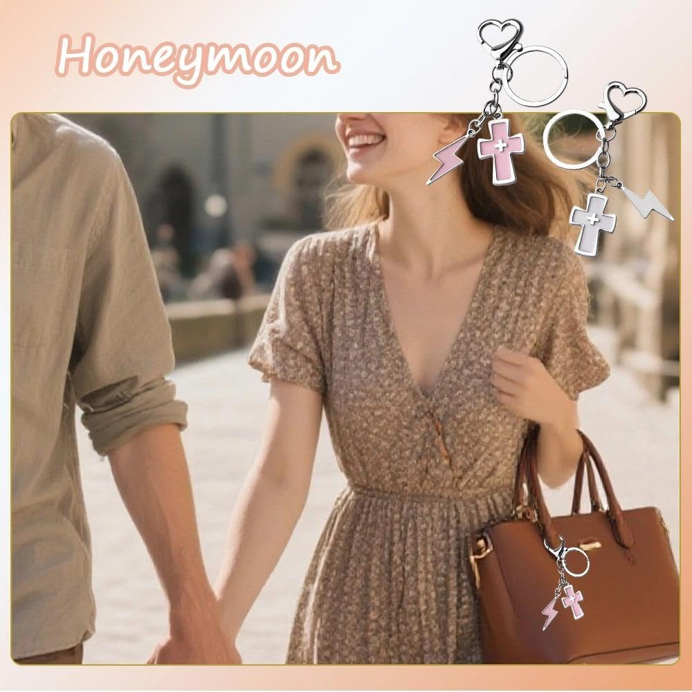 2PCS Y2K Cross Keychain for Women Punk Matching BFF Bag Charm Pink White Cross with Lightning Bolt Charms Car Keys Key Chain for Best Friends Sister Boyfriend Girlfriend image number 3