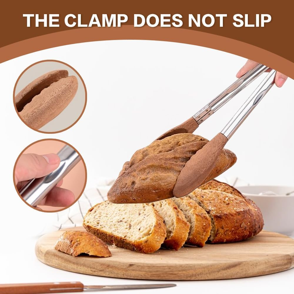2 Pack Walnut Wooden Kitchen Tongs for Cooking with Wooden Tips - Tongs Ideal for BBQ, Salad, Toaster, Bread & Pickles - Made of Natural Walnut Wood(12 Inch) image number 6