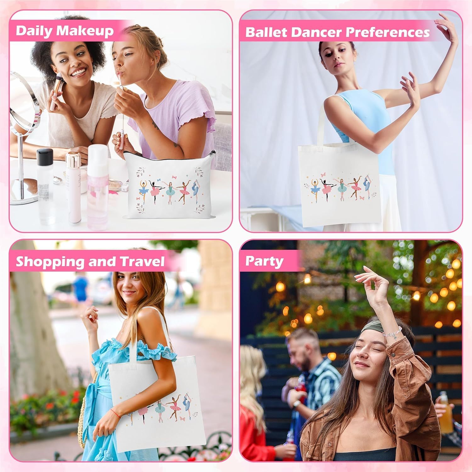 Y1Tvei Cute Ballerina Canvas Bags Kit- Ballet Dancing Girl Recital Gifts with Tote Bag Makeup Pouch Stickers Bracelet Card image number 4