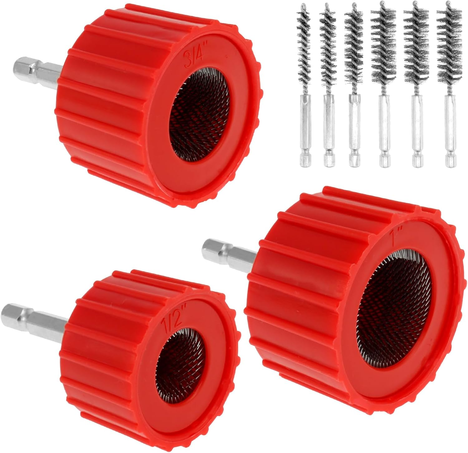 9 Piece Set 1/2" 3/4" 1" Copper Pipe Cleaner for Drill, Tube Cleaning Brush W Stainless-Steel Wire Bristle, Cleans Copper/Bronze/Brass Pipes and Tubes for Soldering image number 5