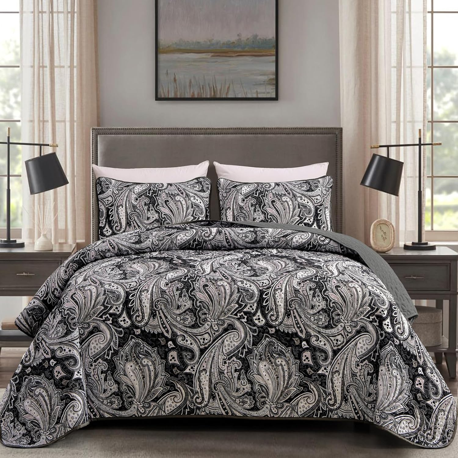 Black Paisley Quilt Set Queen Size Boho Bedspread Coverlet Set 3 Pieces, Soft Lightweight Black and Gray Paisley Floral Pattern Bedding for All Season, 96''X90''