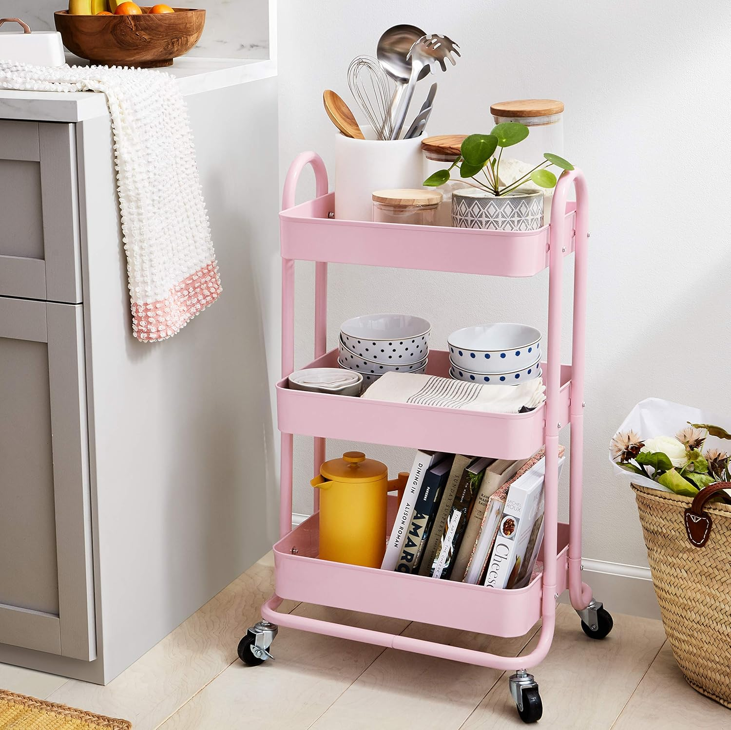 Amazon Basics 3-Tier Rolling Utility or Kitchen Cart - Dusty Pink image number 4