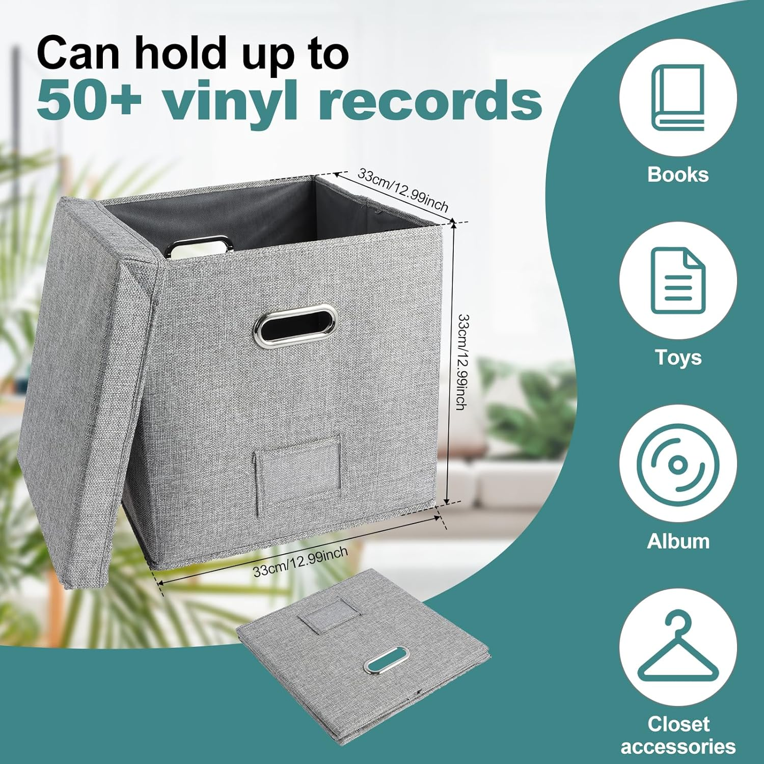 Vinyl Record Storage Box with Lid Stackable Album Storage Organizer Can Hold 50 Albums Record Storage Album Display for Photo Album Storage Birthday New Year Anniversary 33&times;33&times;33Cm image number 2