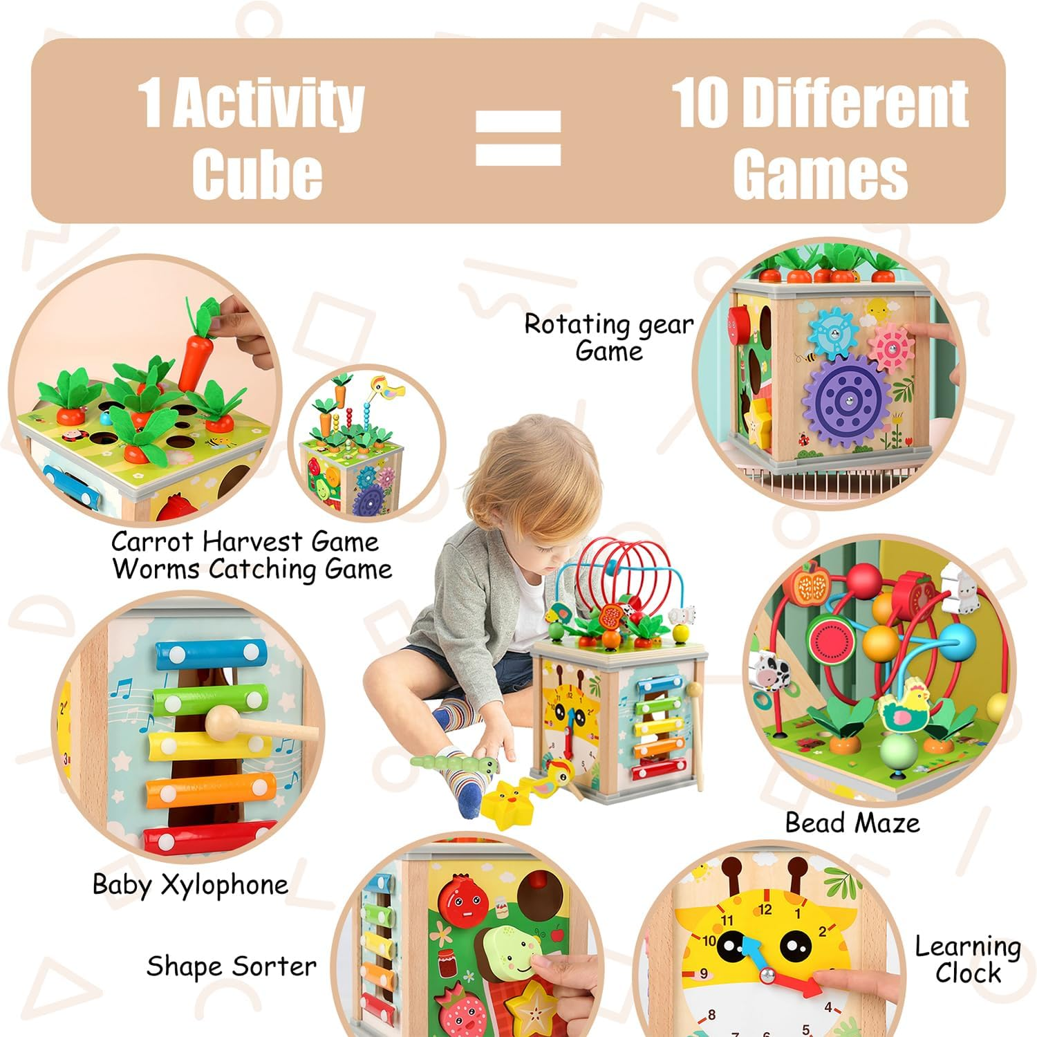Uandhome 10 in 1 Wooden Activity Cube for Toddlers 1-3,10-In-1 Montessori Toys Gift Set for Boys & Girls, Educational Learning Toys for 2 Year Olds, One Year Old Baby Birthday Gifts image number 6