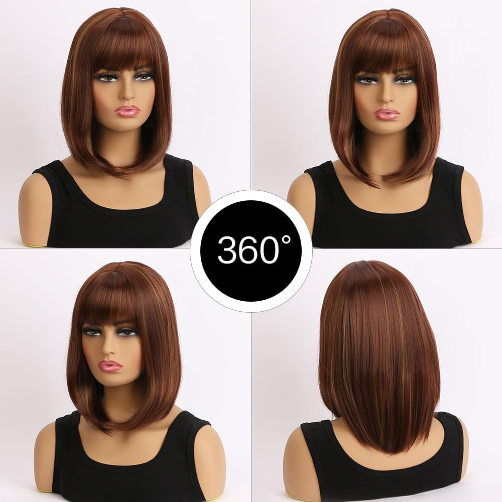 AUBWIG Mixed Brown Bob Wig with Fringe, 15 Inches, Natural Short Straight Wigs for Women, Medium Length Bob Hair, Synthetic Wigs for Daily Use (Mixed Brown #03B) image number 1
