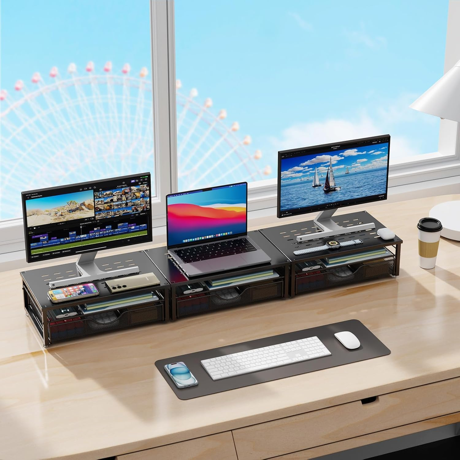 Computer Monitor Stand Riser, Desk Organizers and Accessories with Drawer, Office Desk Accessories & Workspace Desktop Organizers Storage for Printer Stand (Black) image number 4