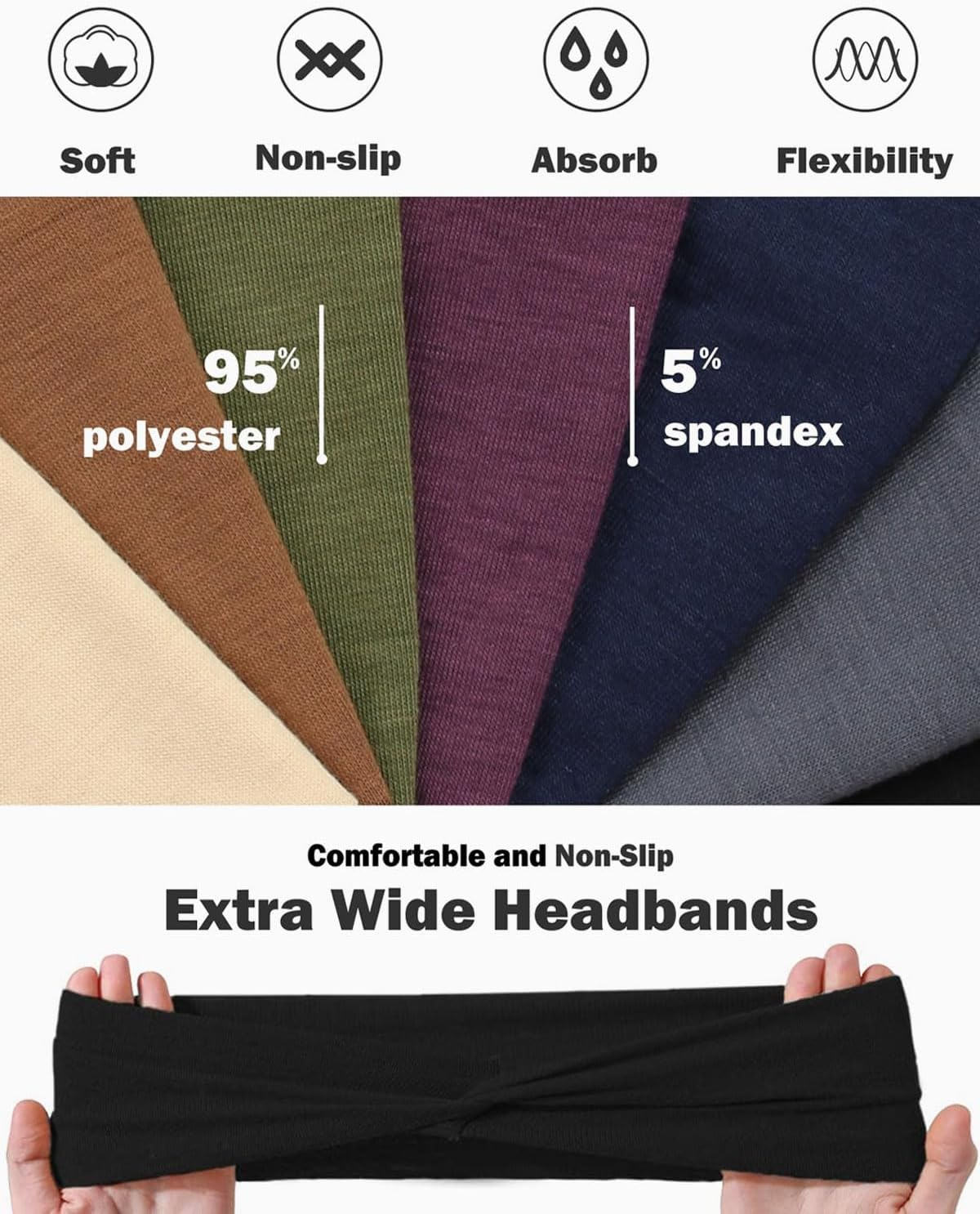 FUGLUS 4 Pieces Fashion Headbands for Women, Elastic Soft Headbands, Extra Wide Hair Bands, Headband, Multicoloured Head Wrap for Everyday Yoga, Sports, Fitness, Cosmetics, Boho Hair Accessories image number 3