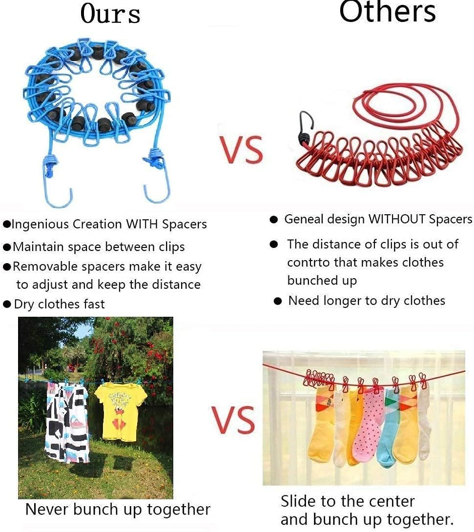 LALOCAPEYO 2Pcs Portable Clothesline with 12 Clothespins for Camping Hotel Indoor & Outdoor Blue 11 Feet Rope Anti-Skid Clips,Wind-Proof Clothes Drying Line,Travel Retractable Clothesline(Blue+Black)