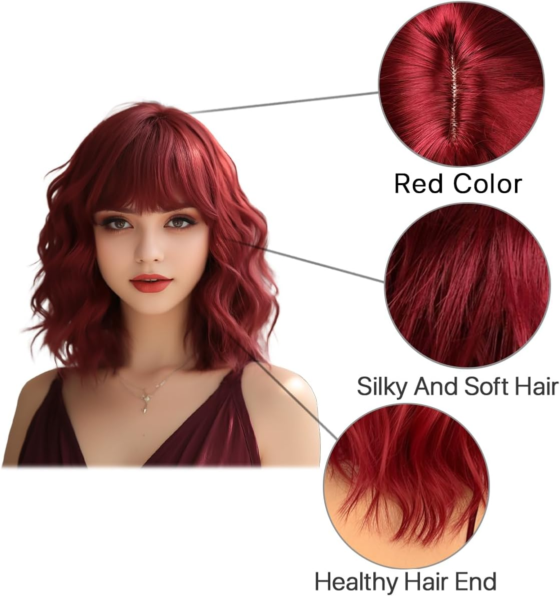 BERRYLION Wigs for Women|Short Bob Wig with Bangs|Synthetic Wavy Bob Wig with Air Bangs (Wine Red) image number 1