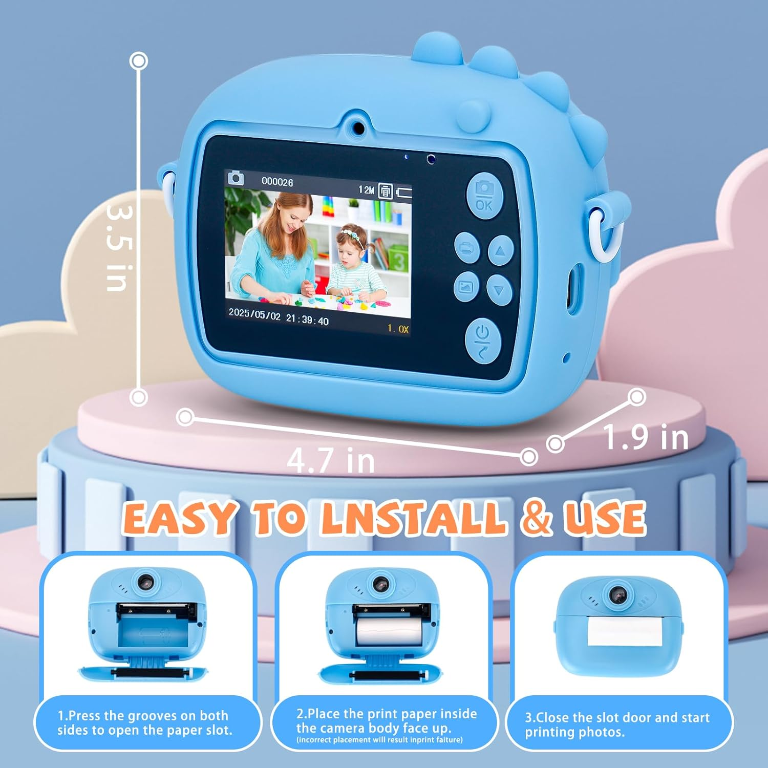 Kids Camera Instant Print with 64GB Card 3 Roll Print Paper & Color Pens Camera for Kids Digital Camera Toddler Camera Toys Gifts for 3-12 Year Old Girls Boys (Blue Dinosaur)