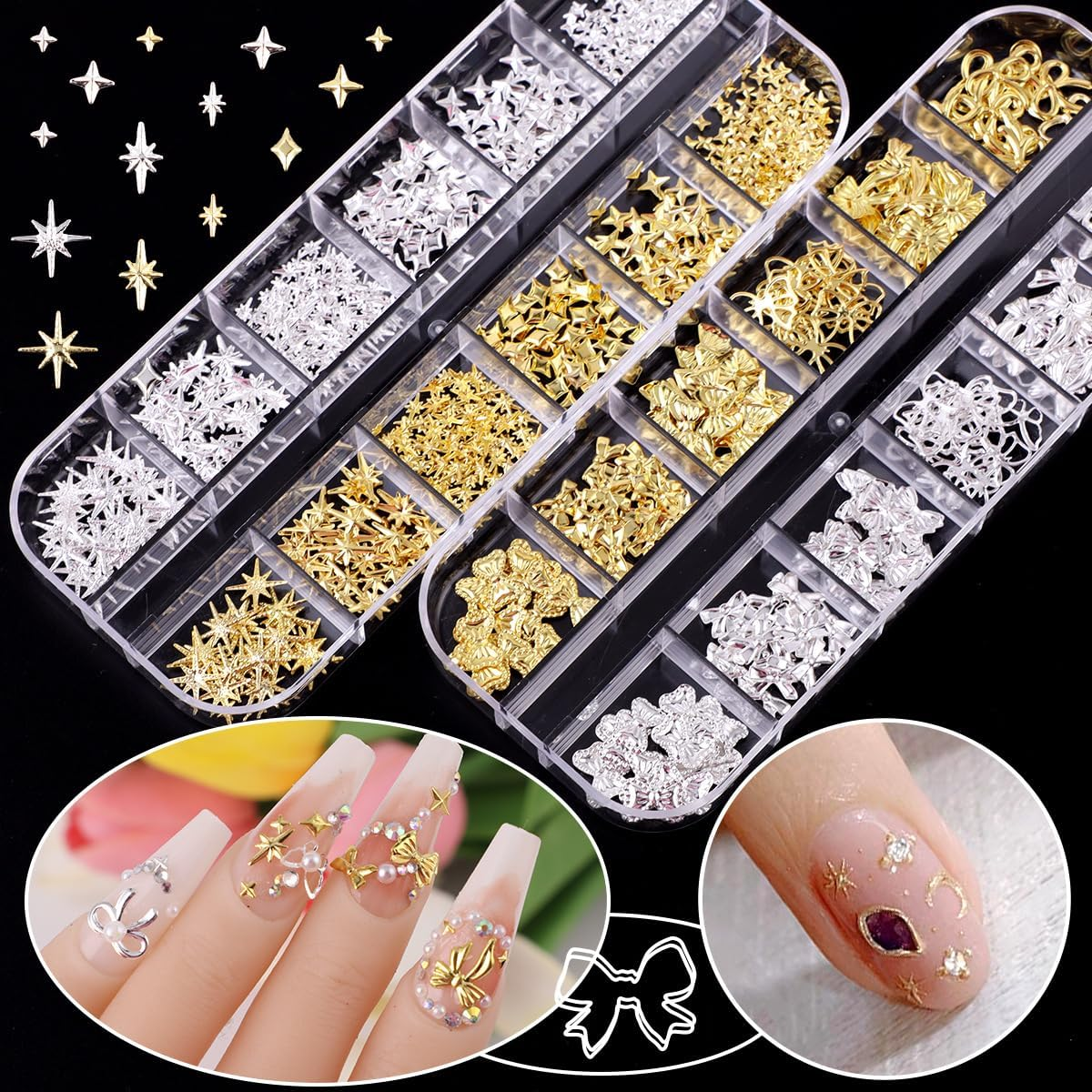 Limcryspp 2-Pack 3D Nail Accessory Set - Gold and Silver Bow, Star Rivet Metal Nail Decoration, Suitable for Nail Plates, Fashionable Nail Design Accessories image number 6