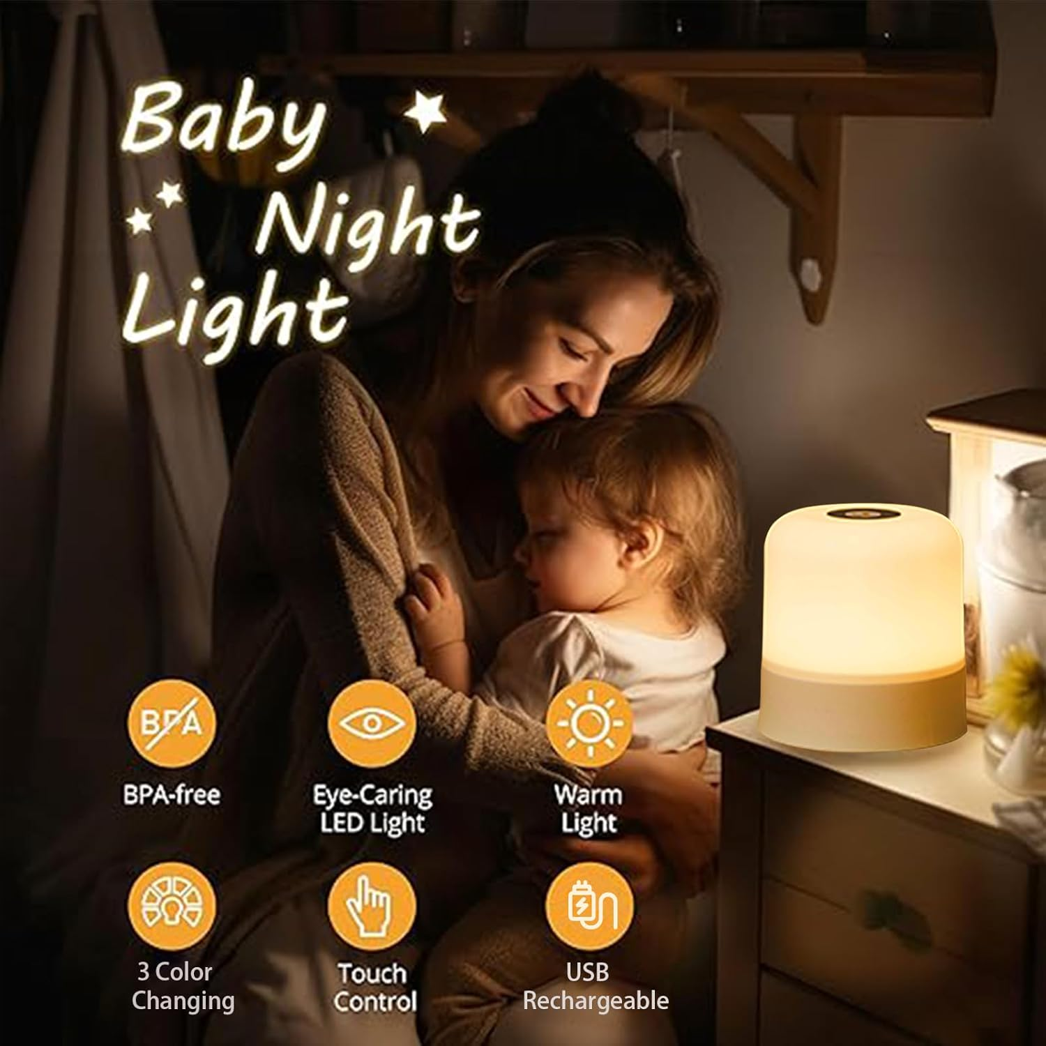 Night Light for Baby, 2400Mha 3 Lighting Modes with Touch Control Night Lamp for Kids Dimming Function & USB Rechargeable Kids Lamp, Portable Nursery Night Light for Breastfeeding,Bedside,Sleeping image number 6