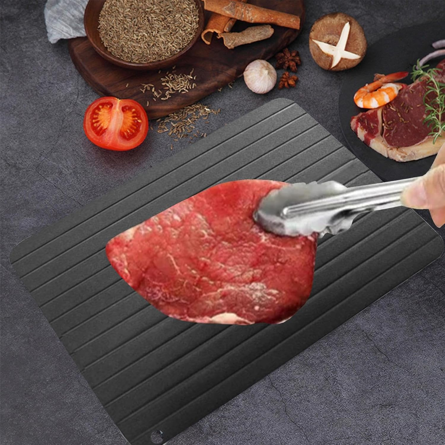 Bensil Aluminum Alloy Meat Defrosting Tray - Thawing Plate for Faster Defrosting Food, Non-Stick Surface, Black, Rectangular, 23*16.5*0.2Cm/8.97*6.44*0.08 Inches, 200G