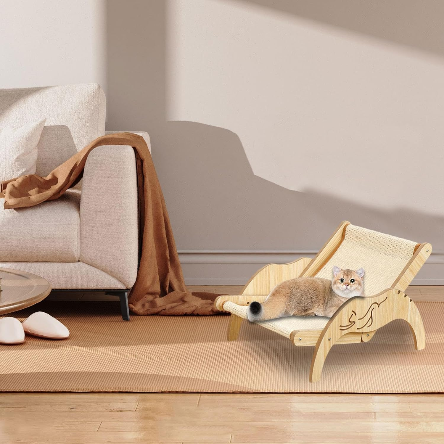 Cat Hammock Bed,Elevated Cat Bed Beach Chair with Sisal Scratcher for Indoor Cats,Adjustable Wooden Cozy Pet Bed for Indoor Cats Dogs Sisal Chair image number 3