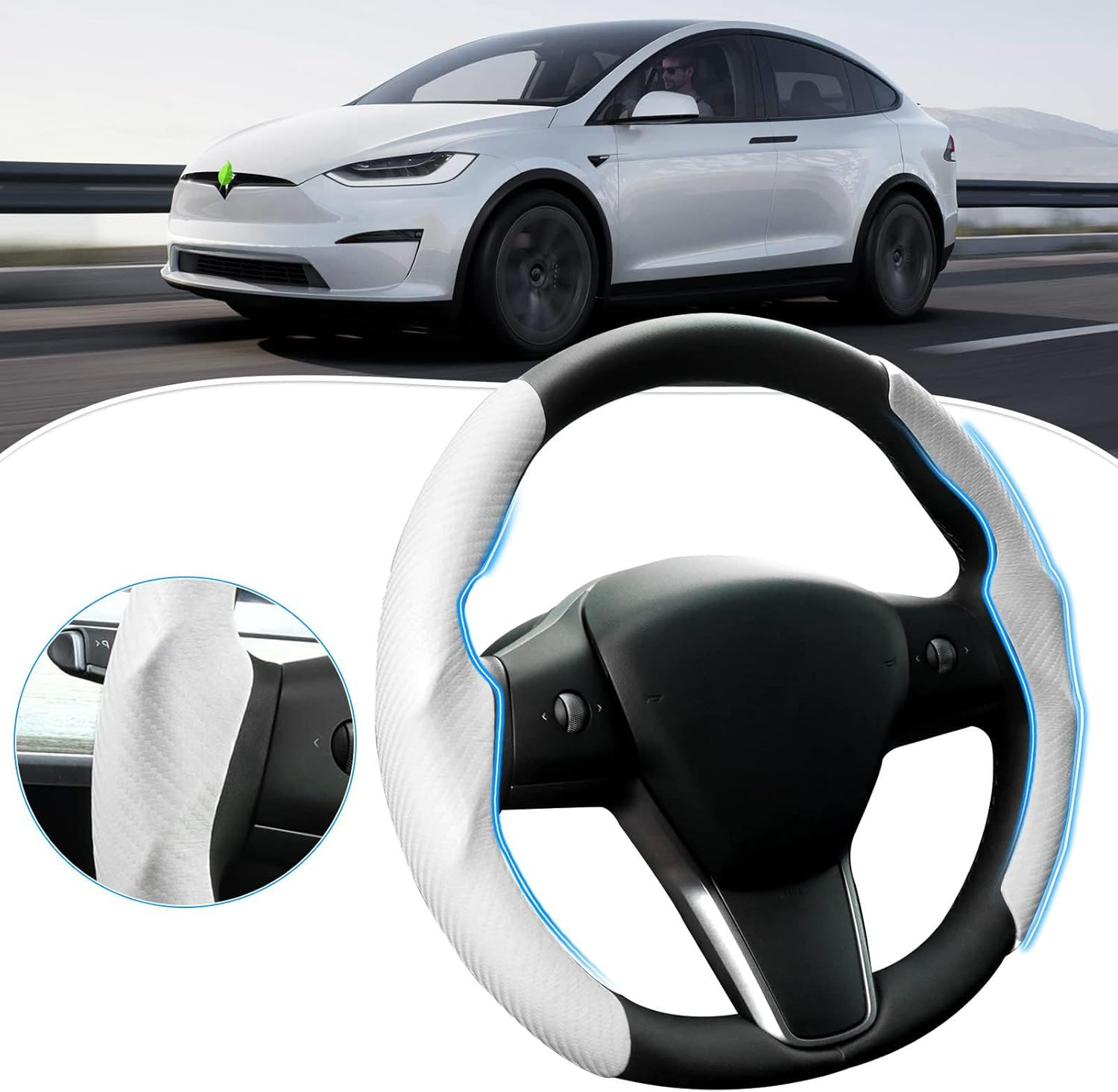 Cozioz Custom-Fit Carbon Fiber Steering Wheel Cover for Tesla Model 3/Y, Anti-Slip, Breathable, Comfortable Grip, Stylish White Design for Men and Women image number 3