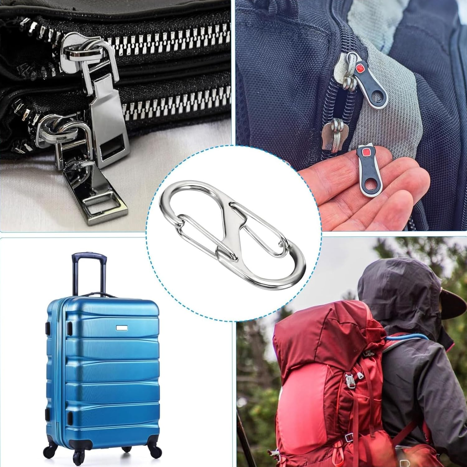 30Pcs Zipper Locks, Dual S Shaped Carabiner Clips, 3 Size Zipper Pull Replacement, Backpack Zipper Pulls Keep Zippers Closed, for Luggage Suitcase, Quick Clip Theft Deterrent (Silvery) image number 1