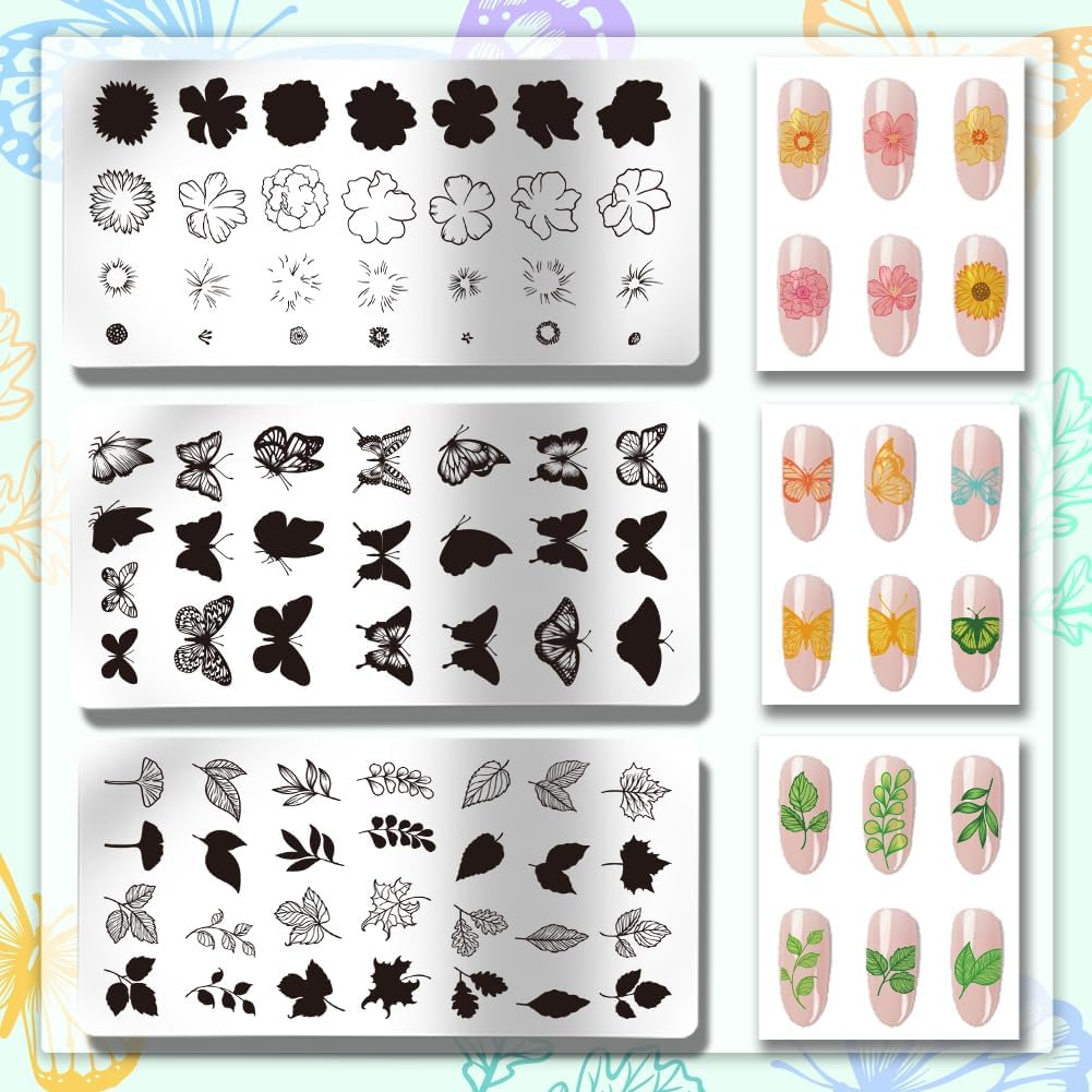PH Pandahall 3Pcs Flower Leaves Nail Stamp Plates, Butterfly Nail Stamper Plant Nail Art Stencils Print Nail Stencils Stainless Steel Nail Picture Plate for Overlay Use, Nail Art Design