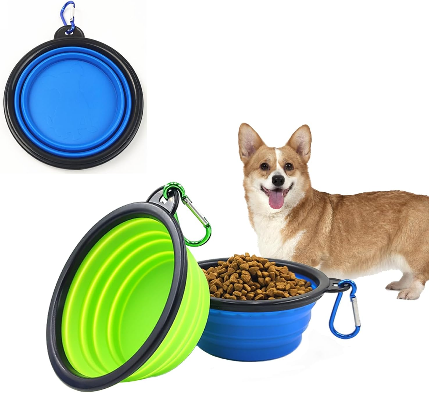 Dog Bowl,Pet Collapsible Bowls,2 Pack Portable and Foldable Pet Travel Bowls with 2 Carabiners,Collapsible Dog Water Feeding Bowls Dish for Dogs Cats and Small Animals (Blue+Green)