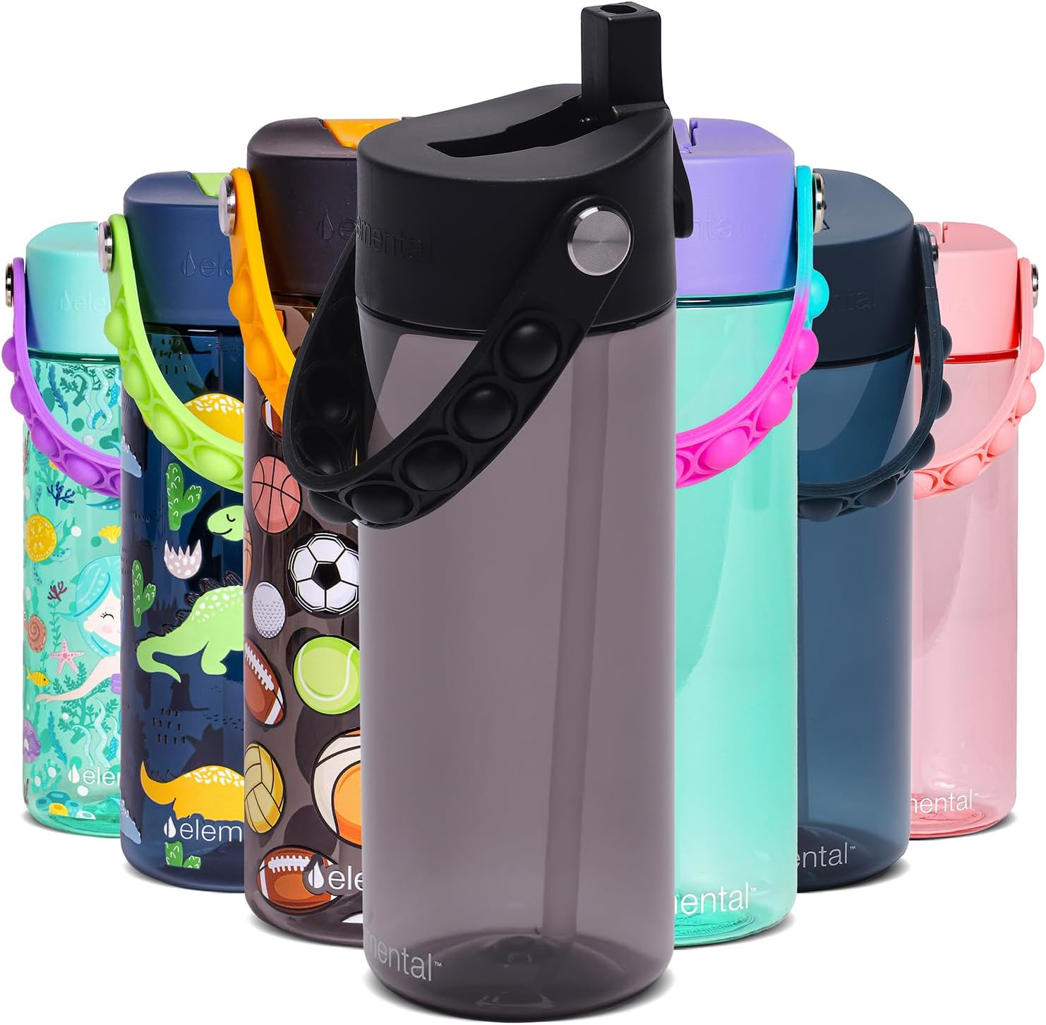 Elemental Kids Water Bottle - Leak Proof School Bottle with Straw & Pop-It Handle - Reusable Plastic Water Bottle - BPA Free, Dishwasher Safe Drink Bottle for Boys & Girls - 532Ml - Dinosaur