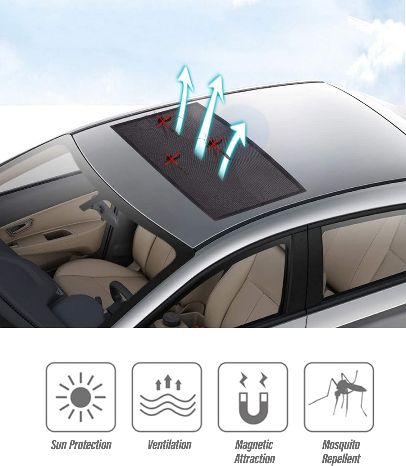 Car Magnetic Sunroof Sun Shade, UV Sun Protection for Moonroof, Car Roof Cover for Overnight Camping Can Breathable and Prevent Bugs, Can Also Be Used for Side Windows