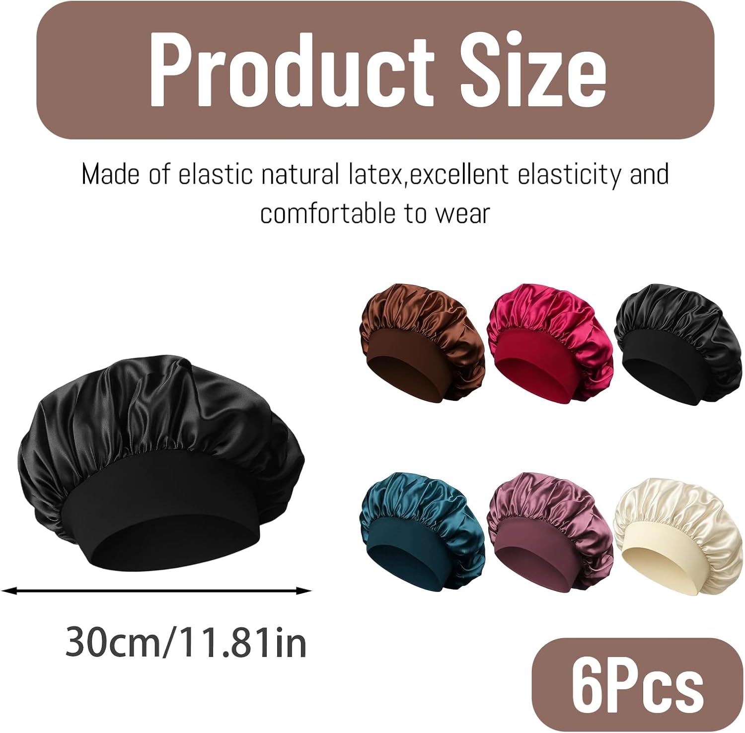 Bonnet Silk Sleep Cap, Set of 6 Hair Caps for the Night, Soft Satin Hood for Sleeping, Black, Wine Red, Blue, Dark Brown, Pink, Beige image number 2