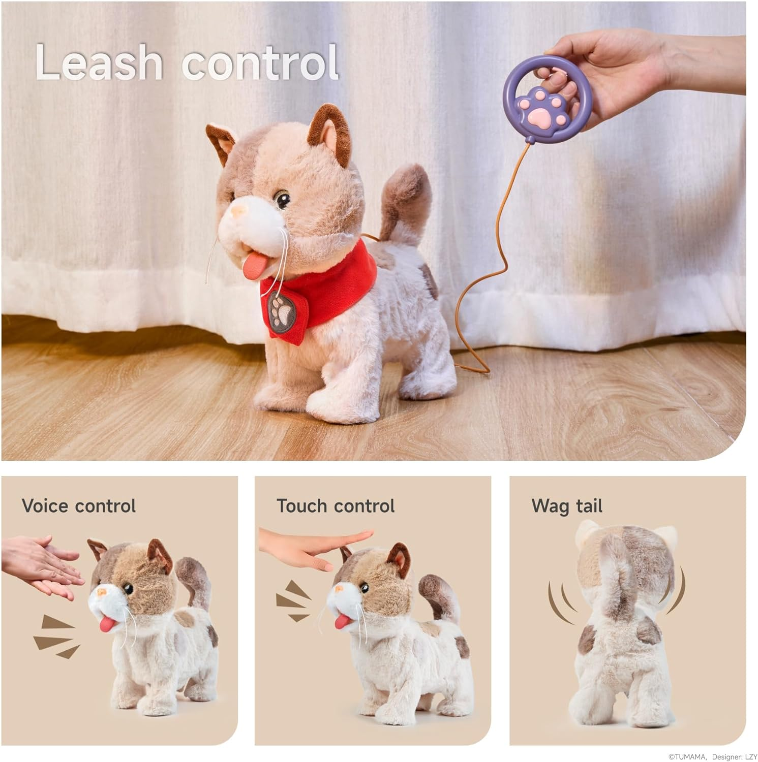 Interactive Electronic Plush Cat Toy for Kids, Realistic Walking Cat Toy That Walks, Meows,Tongues Out and Wags Tail, Kitten Pet Toy with Leash, Birthday Boys and Girls 3 4 5 6 7 Years Old image number 4