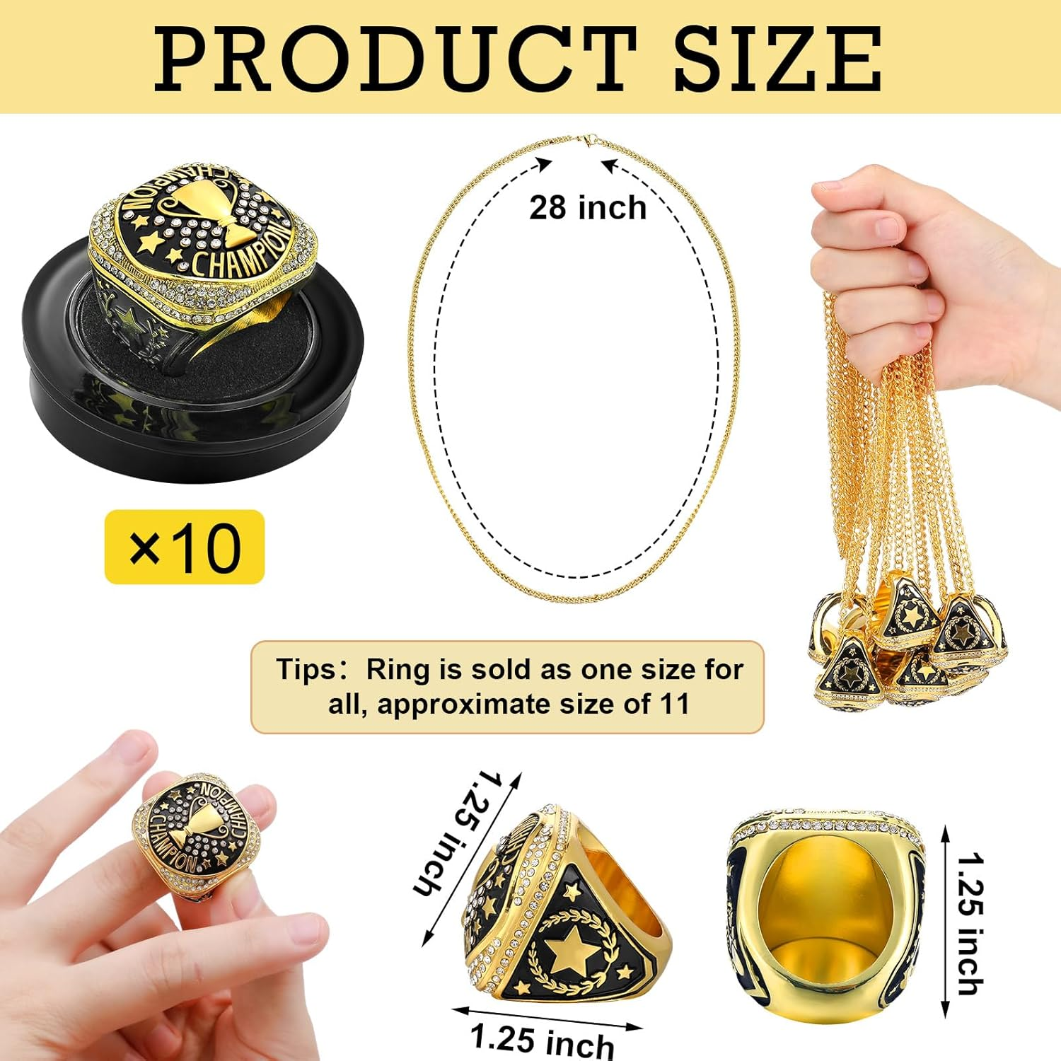 Highergo 10 Pcs Championship Rings with Display Neck Chain and Stand Baseball Soccer Volleyball Champion Rings MVP Most Valuable Trophy Rings for Tournament Winner Award Gift image number 6
