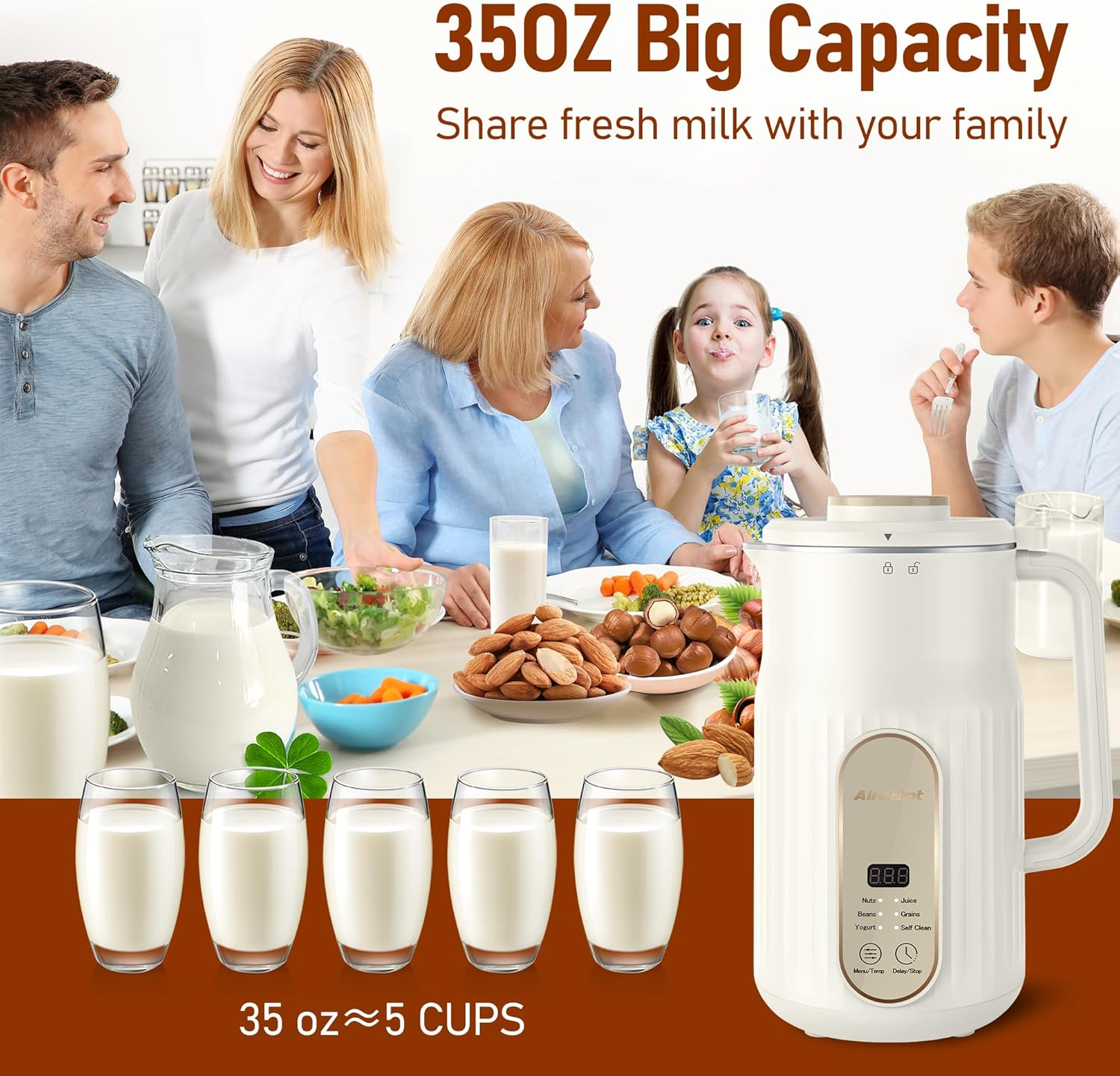 Nut Milk Maker, Alfabot Automatic Almond Milk Machine for Homemade Plant-Based, Oat, Soy, Yogurt, 5 Modes/35Oz Big Capacity Soy Milk Maker with Delay Setting and Self Cleaningmaker image number 4