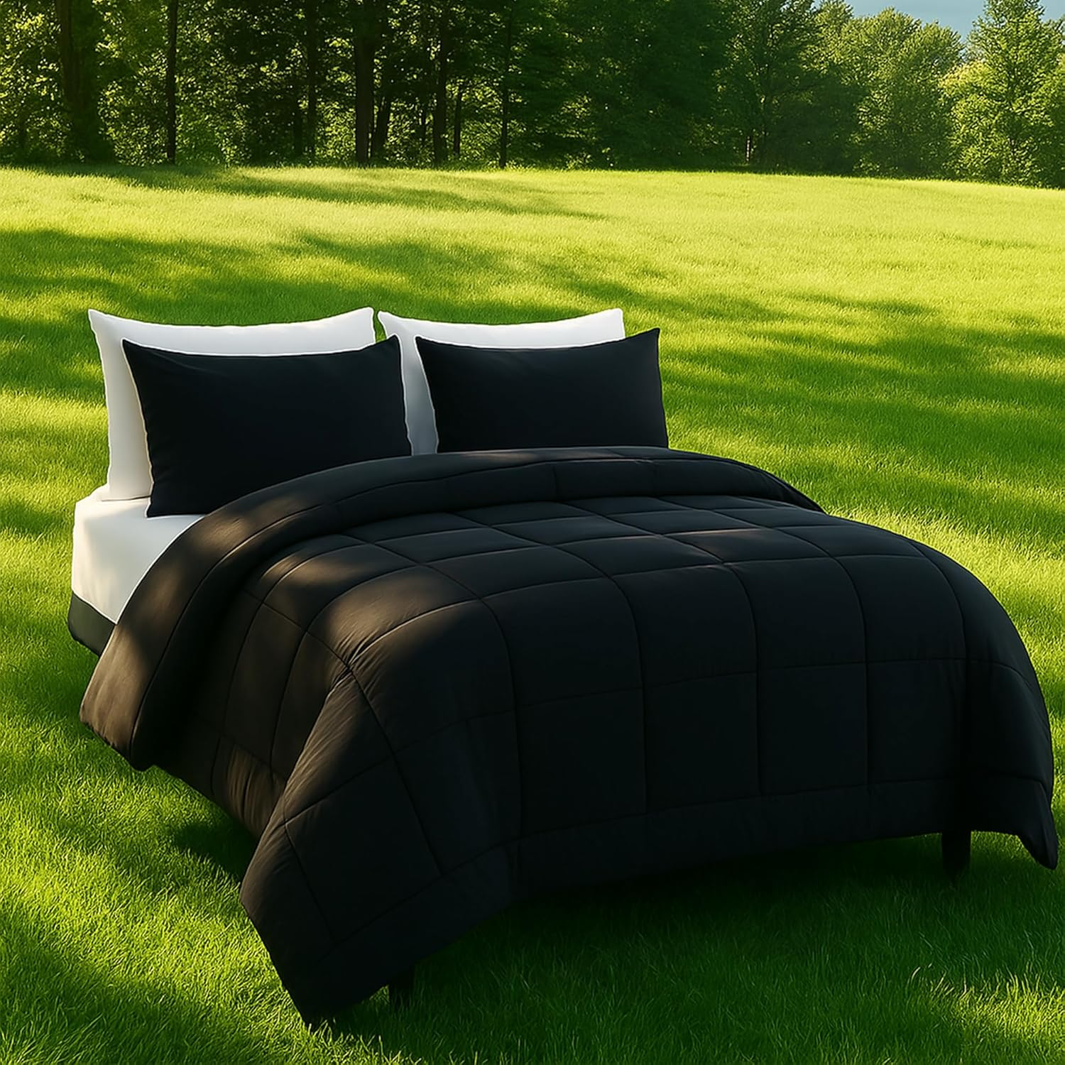DOWNCOOL Queen Comforter Set -All Seasons Bedding Comforters & Sets with 2 Pillow Cases-3 Pieces Bed Set Queen down Alternative Comforter Set -Black Bedding Comforter Sets Queen (88X90 Inches)
