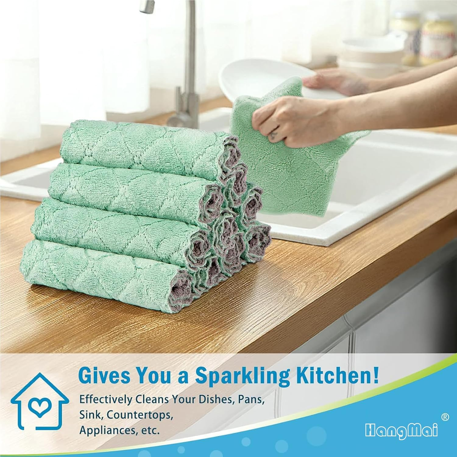 12 Pack Kitchen Cloth Dish Towels, Premium Dishcloths, Super Absorbent Coral Velvet Dishtowels, Nonstick Oil Washable Fast Drying (Green-Grey) image number 3