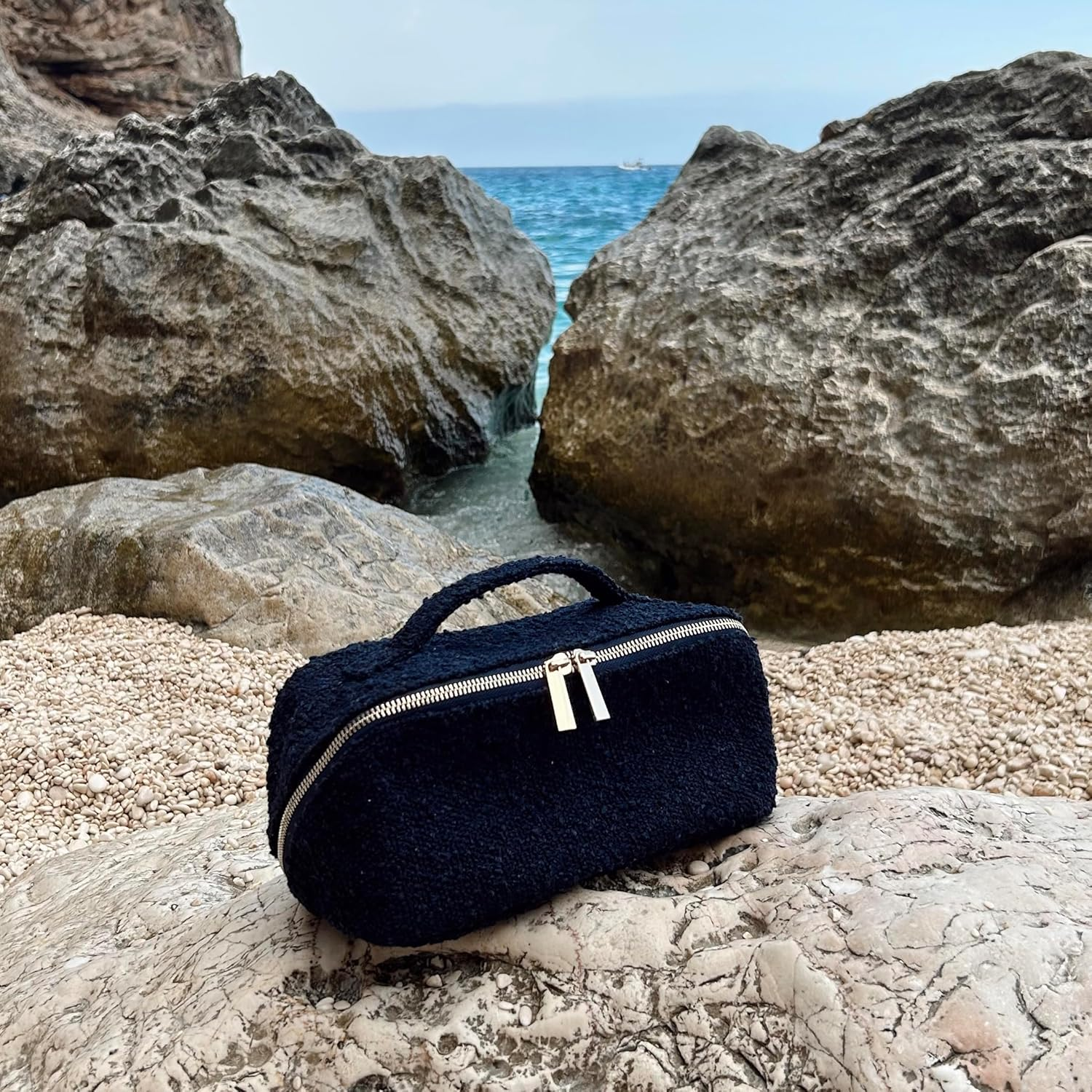 Boucl&eacute; Cosmetic Case - Navy, Machine Washable, Stain Resistant, Toiletries Bag, Organiser, Make-Up Storage, Bathroom Accessories, Large Capacity, Pouch, Travel Storage, Cosmetics, Soft, Open Mouth - Ivory - Cloud image number 4