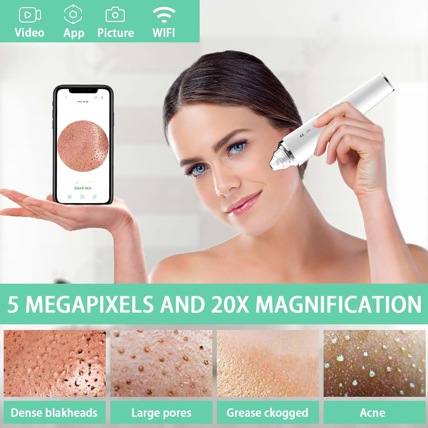 Blackhead Remover Pore Vacuum with Camera, Black Head Remover Suctioner 3 Suction Power & 6 Probes, Wifi Real-Time Skin Screen,Upgraded Pimple Vacuum Acne Comedone Extractor