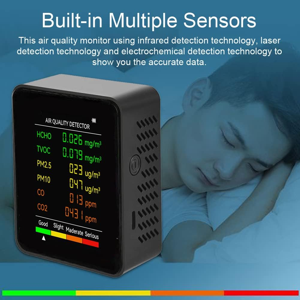 Eacam Air Quality Tester, 6 in 1 PM2.5 PM10 HCHO TVOC CO CO2 Multifunctional Air Quality Detector, CO Carbon Dioxide Formaldehyde Monitor LCD Large Screen Display Portable Home Office Hotel Desktop image number 1