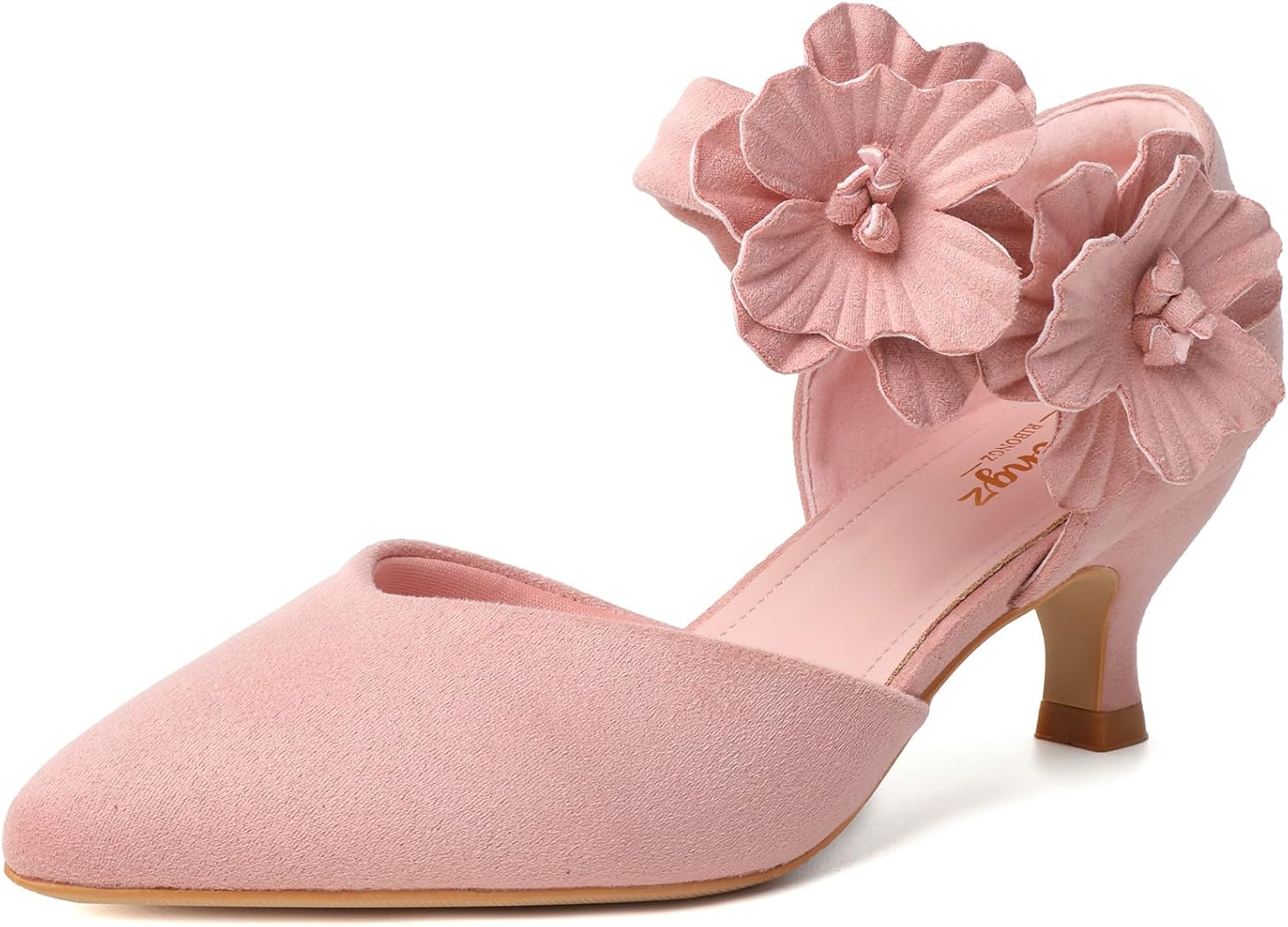 RIBONGZ Women'S Low Kitten Heel Pumps Comfortable Pointed Toe Dress Shoes Flower Strap Slip on Dressy Heels for Wedding Dancing Party Office Work image number 3