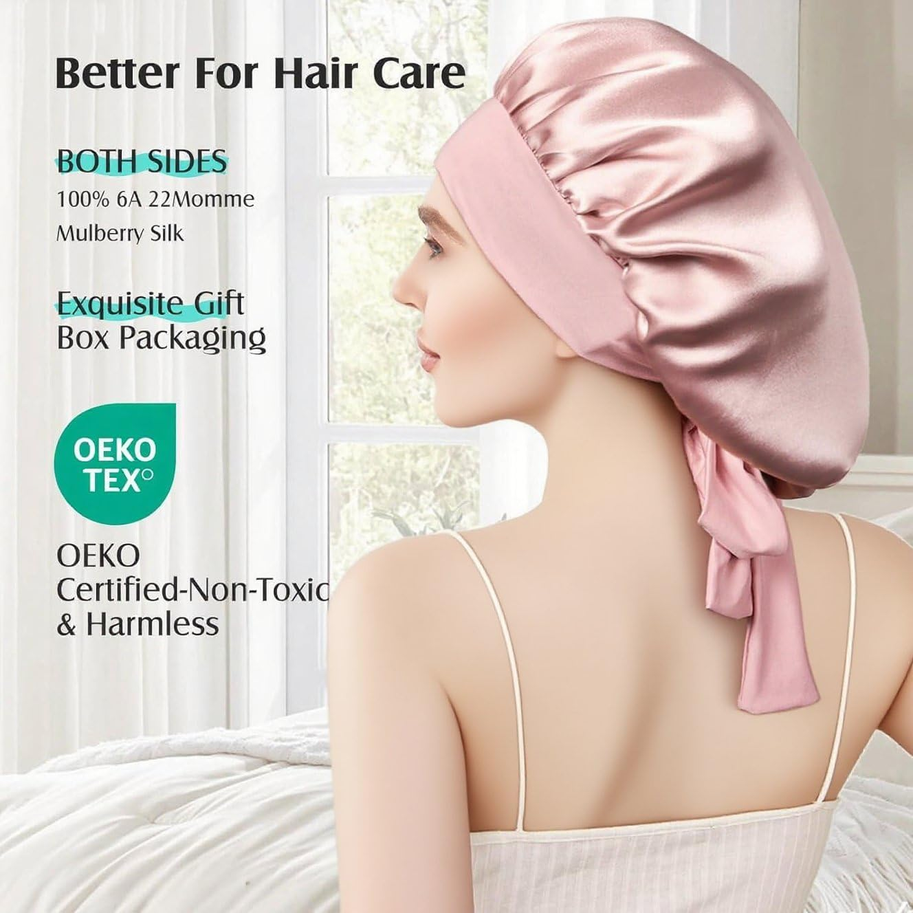 100% Silk Bonnet for Sleeping, Double Layer 22 Momme Mulberry Silk Hair Bonnet, Silk Wrap with Soft Tie Band Sleep Caps for Women