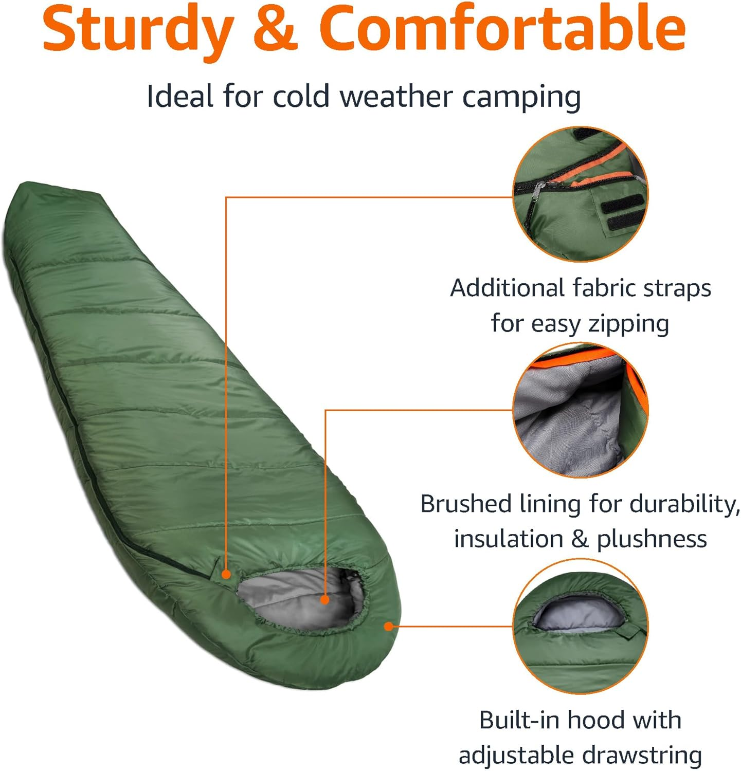 Amazon Basics 3-Season -7 Degree C Mummy Sleeping Bag for Camping and Hiking, Olive Green image number 2