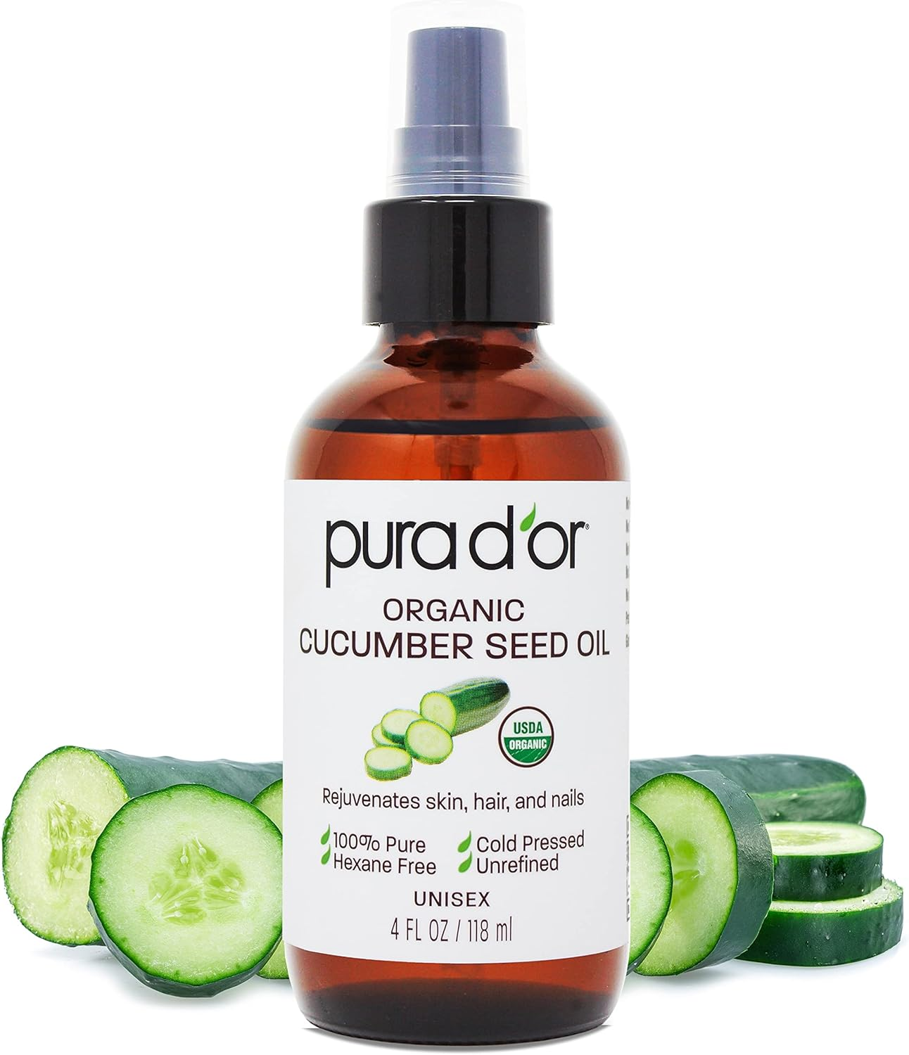 PURA D'OR 4 Oz Organic Cucumber Seed Oil100% Pure USDA Certified Premium Grade All Natural Moisturizer, Cold Pressed, Unrefined, Hexane-Free Base Carrier Oil for DIY Skin Care for Men & Women image number 1