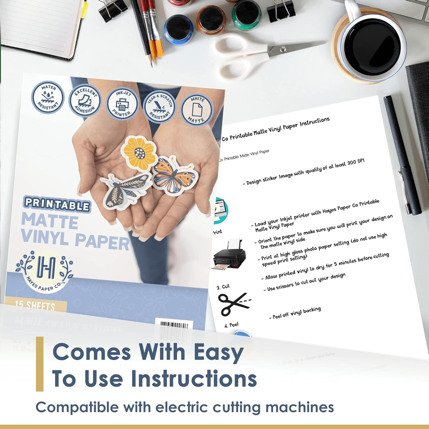 Printable Vinyl Paper by Hayes Paper Co. Print Your Own Stickers and Labels -Matte White - A4 Size - 15 Sheets