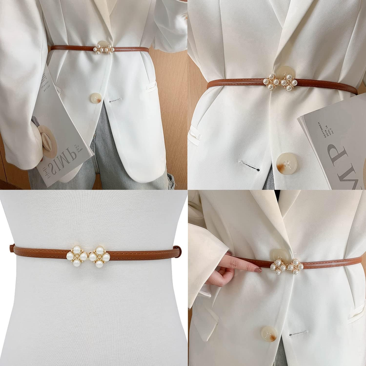 Womens Faux Leather Skinny Belt Skinny PU Leather Adjustable Slim Thin Waistband Belts with Metal Buckle for Ladies Jean Dress Slim Belt - Black B image number 4