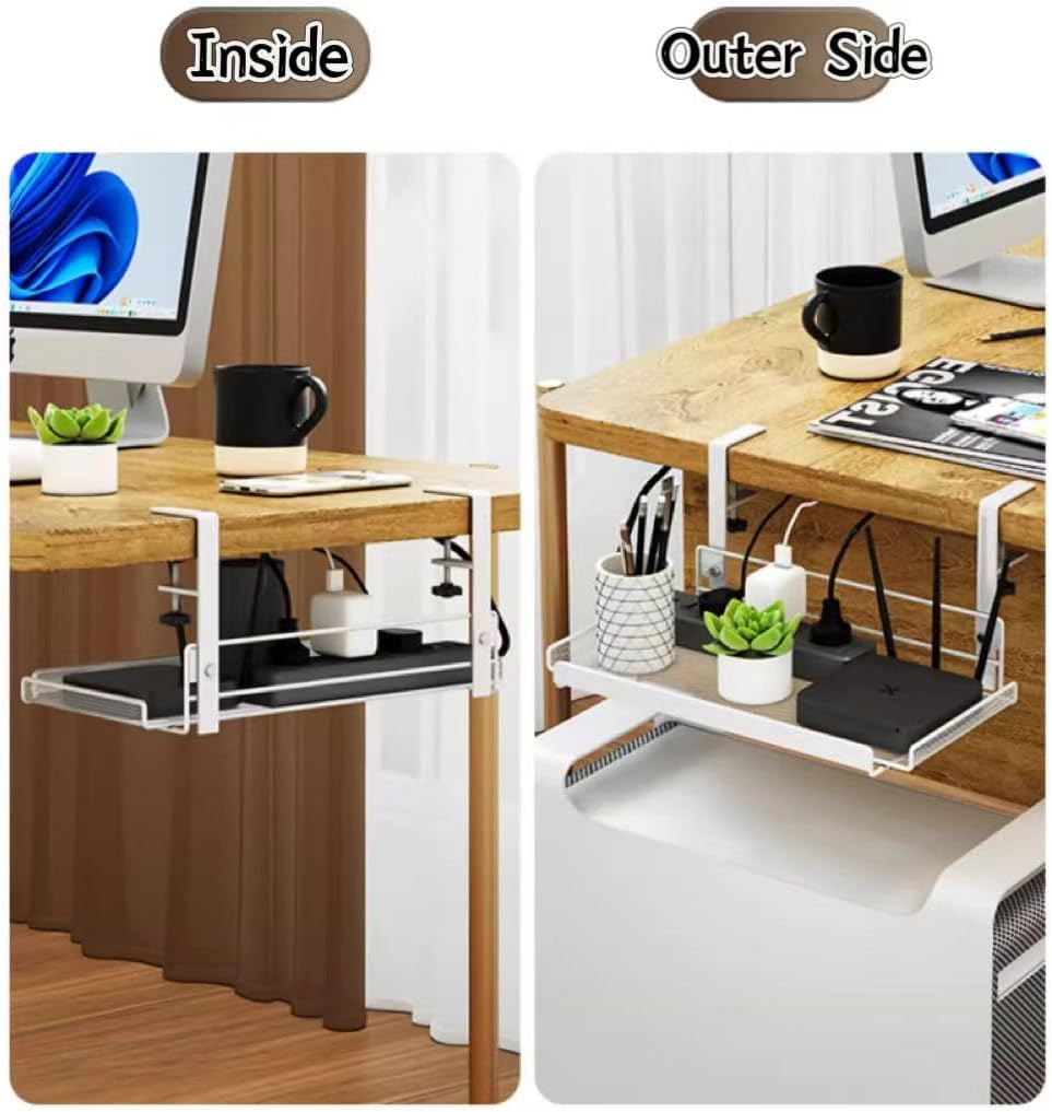 2 Pack under Desk Cable Management Tray No Drill, Under-Desk Cable Organiser for Cord Management, Ultra-Rugged Desktop Cable Rack with Clips, Standing Desktop Cable Manager (Black, L) image number 2