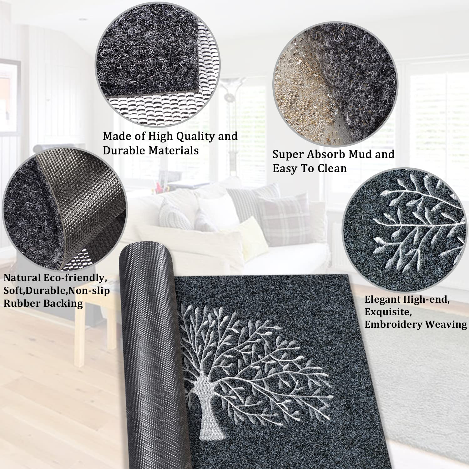 AAZZKANG Door Mats Outdoor Non Slip Front Door Mat Super Absorb Mud Easy to Clean Tree of Life Doormat for Entrance Indoor Patio Porch Grey image number 5
