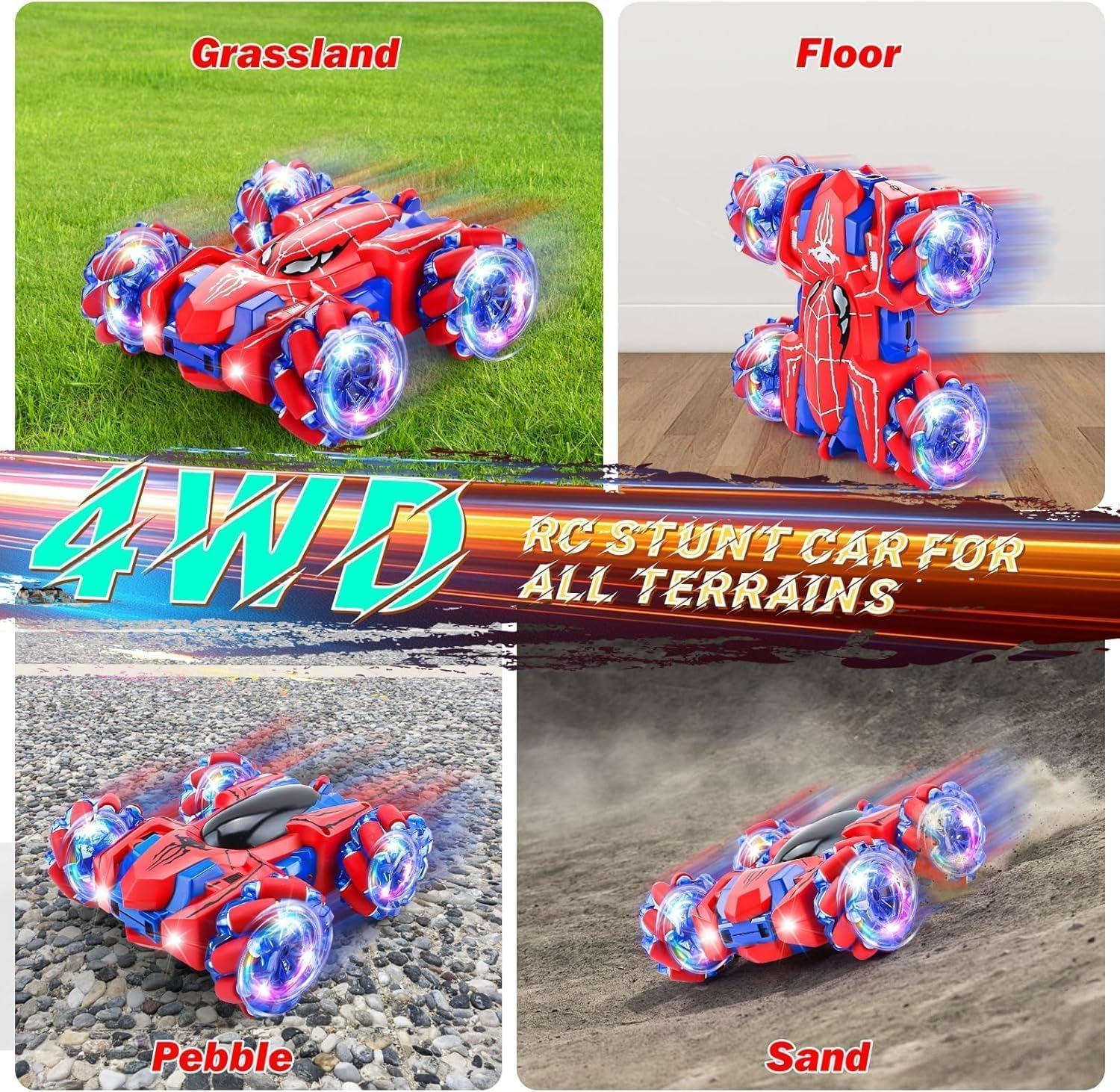 Spider Remote Control Car,2.4Ghz 360&deg;Rotating Double Sided RC Stunt Cars with Cool Headlights,Rechargeable 4WD All-Terrain Toy Car for Boys Age 4-7 8-12 Birthday Xmas Gift image number 1